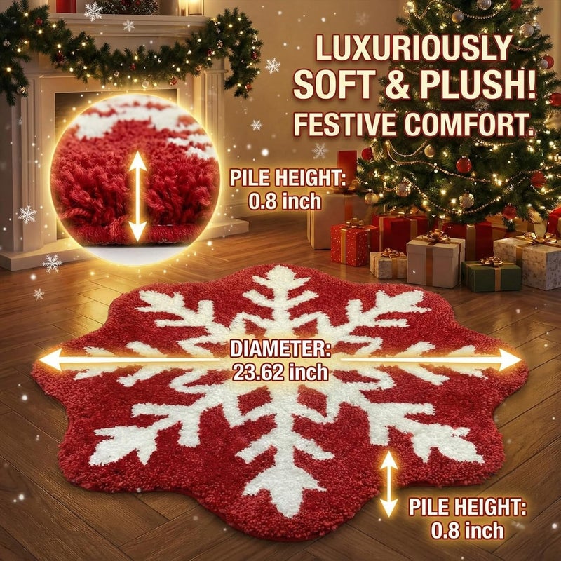 REFGY Christmas Bath Rug, 24x24" Red Snowflake Style Bathroom Mat, Extra Soft & Absorbent, Machine Washable Non Slip Shower Mat, Winter Themed Xmas Plush Bathroom Floor Rug for Holiday Décor Snow Bath Rug - Image 2